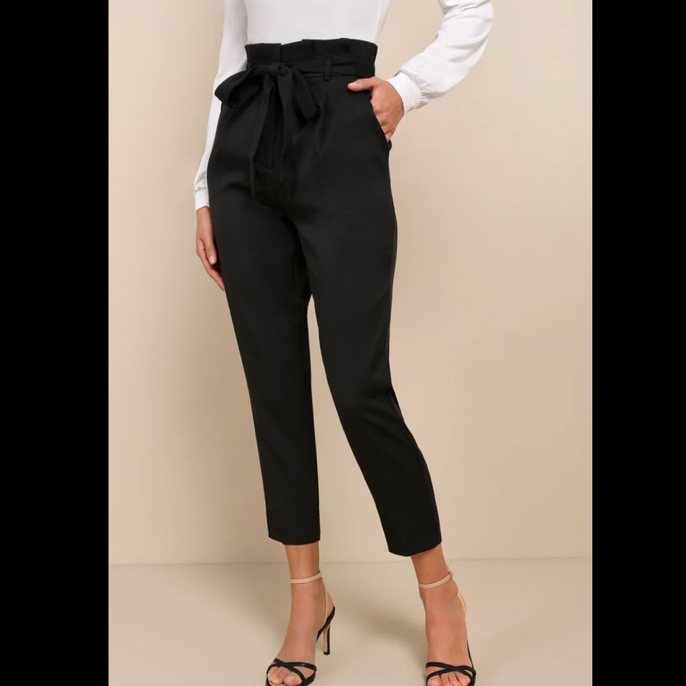 Paperbag Belted Black High-waist Pants by Cefian - Size Medium